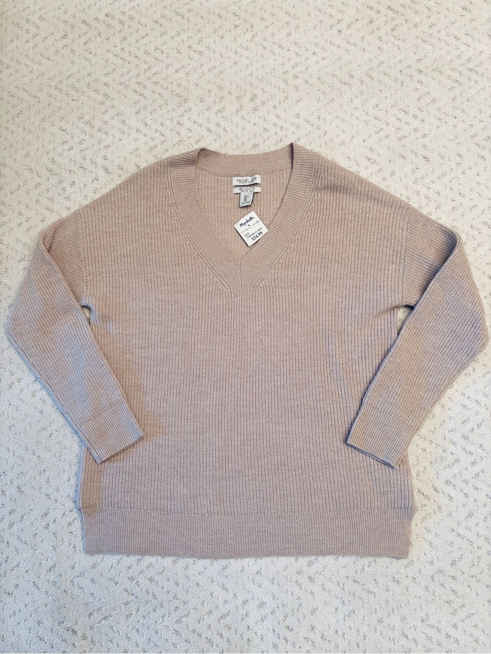 Rachel Zoe Extra Fine Merino Wool V Neck Sweater NEW Size L Oatmeal Beige